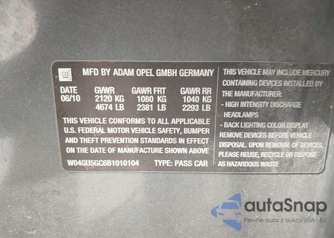 2011 Buick Regal Cxl Russelsheim из США, поврежденный, VIN W04GU5GC6B1010104